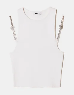 Top in Maglia Bianco con Dettaglio in Strass sulle Spalline^Tally Weijl Sale