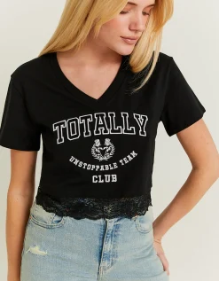 T-shirt Fantasia Varsity Nera con Dettaglio in Pizzo^Tally Weijl Cheap