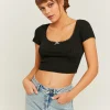 T-shirt Pointelle Basica Nera con Fiocchetto^Tally Weijl Store