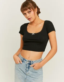 T-shirt Pointelle Basica Nera con Fiocchetto^Tally Weijl Store